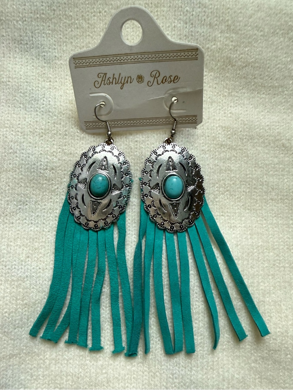 New Turquoise Stone & Silver Concho Earrings with Turquoise Leather Lace Tassels - Picture 2 of 3